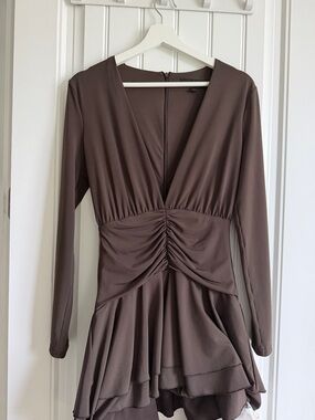 Deep Taupe Long Sleeve Ruched V-Neck Mini Dress